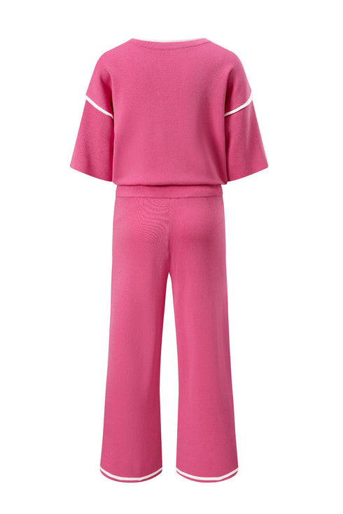 Contrast Trim Textured Knit Half Sleeve Drop Shoulder Drawstring Waist Wide Leg Two Piece Pant Set